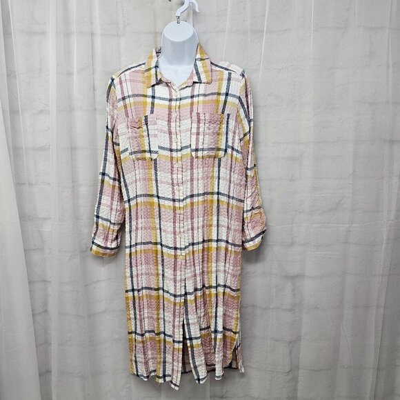 Pink Yellow Plaid Button Down Midi Shirt Dress Tunic Preppy Boho M - Picture 1 of 13